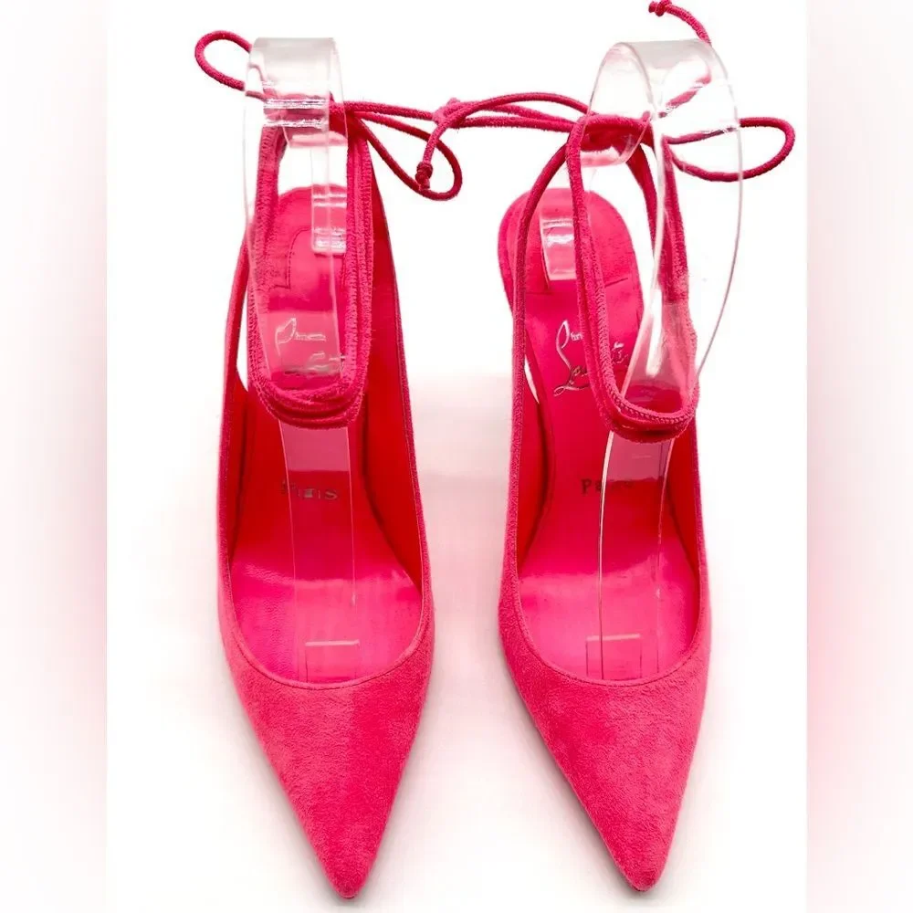 Christian Louboutin Lace Up Kate 85 Pink Suede Stiletto Pumps Heels EU 37 US 7
